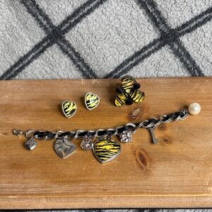Yellow and Black Heart Charm Bracelet, Ring and Earring Set
